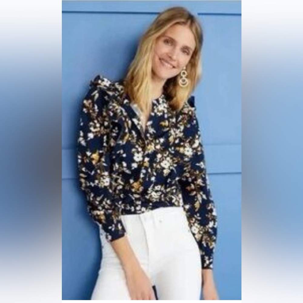 J. Crew Factory Blouse Blue Floral 98% Cotton Long Sleeves Ruffle Detail NWOT L